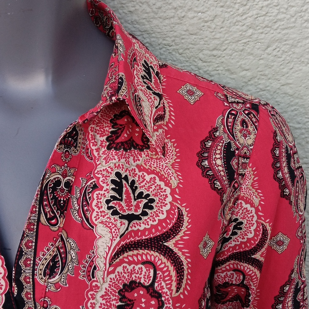 JONES NY SIGNATURE PURE COTTON LADIES PAISLEY V-NECK BUTTON DOWN BLOUSE/SHIRT
